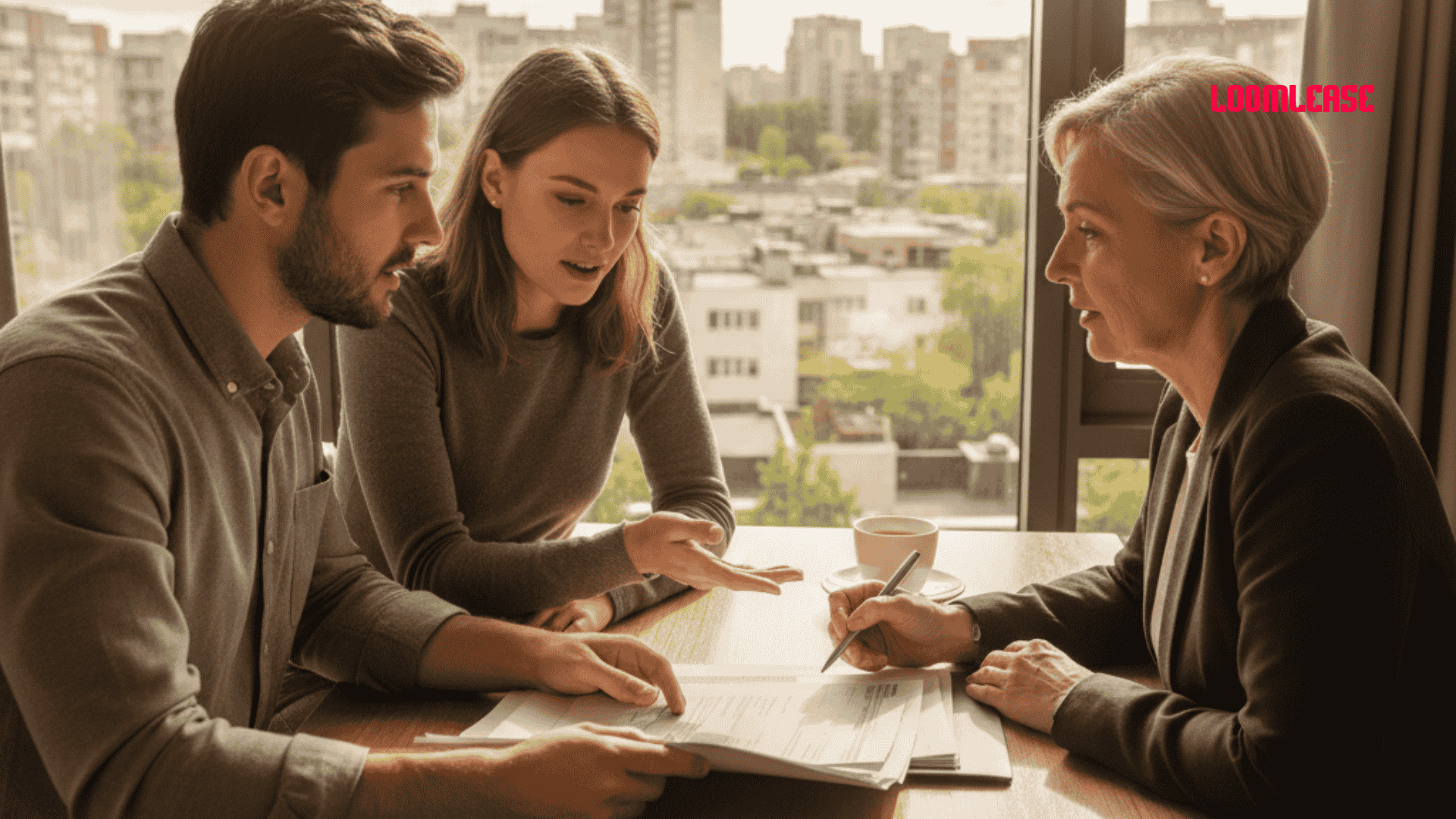 People negotiating a lease agreement at a table by a window.